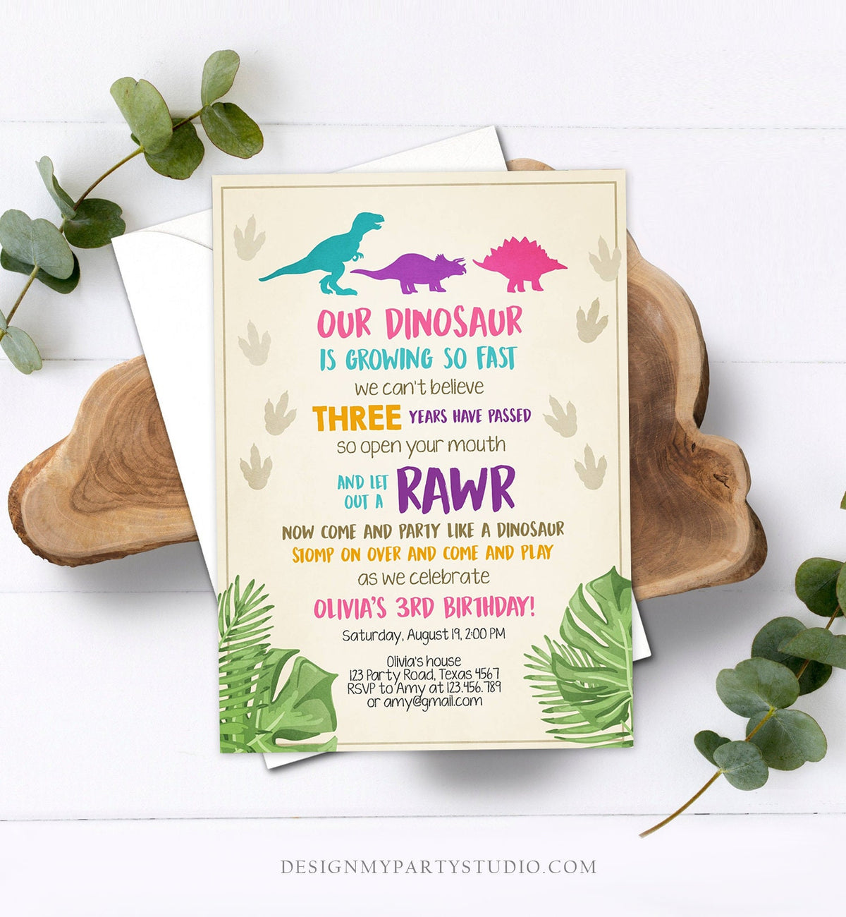 Editable Dinosaur Birthday Invitation Dino Dig Party Prehistoric Girl Pink T-Rex Purple Teal Digital Download Printable Template Corjl 0043