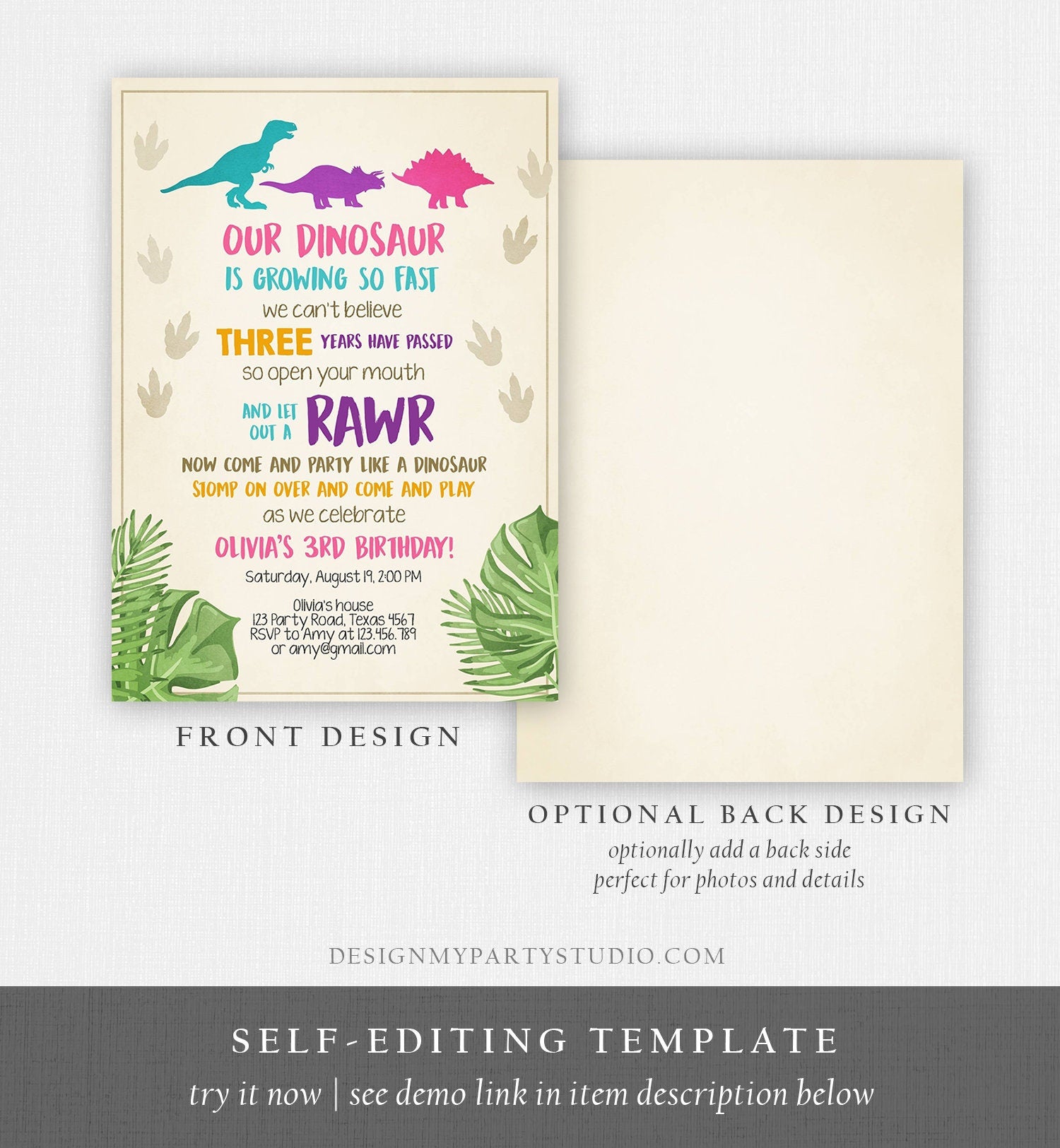 Editable Dinosaur Birthday Invitation Dino Dig Party Prehistoric Girl Pink T-Rex Purple Teal Digital Download Printable Template Corjl 0043