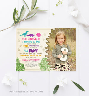 Editable Dinosaur Birthday Invitation Dino Dig Party Prehistoric Girl Pink T-Rex Purple Teal Digital Download Printable Template Corjl 0043