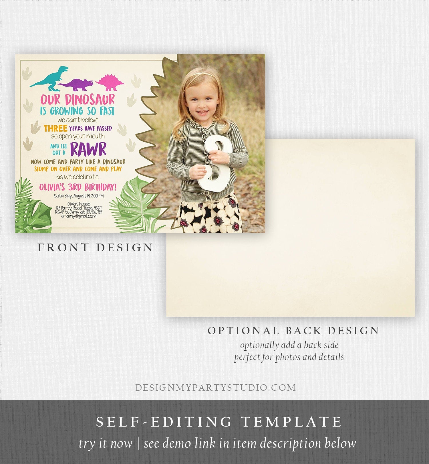 Editable Dinosaur Birthday Invitation Dino Dig Party Prehistoric Girl Pink T-Rex Purple Teal Digital Download Printable Template Corjl 0043