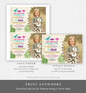 Editable Dinosaur Birthday Invitation Dino Dig Party Prehistoric Girl Pink T-Rex Purple Teal Digital Download Printable Template Corjl 0043