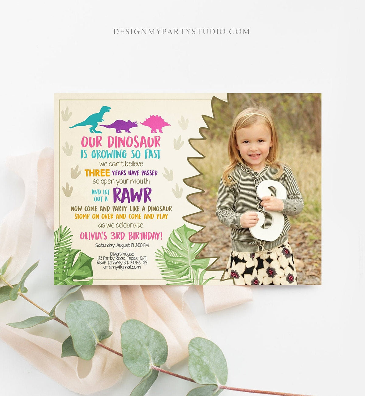 Editable Dinosaur Birthday Invitation Dino Dig Party Prehistoric Girl Pink T-Rex Purple Teal Digital Download Printable Template Corjl 0043