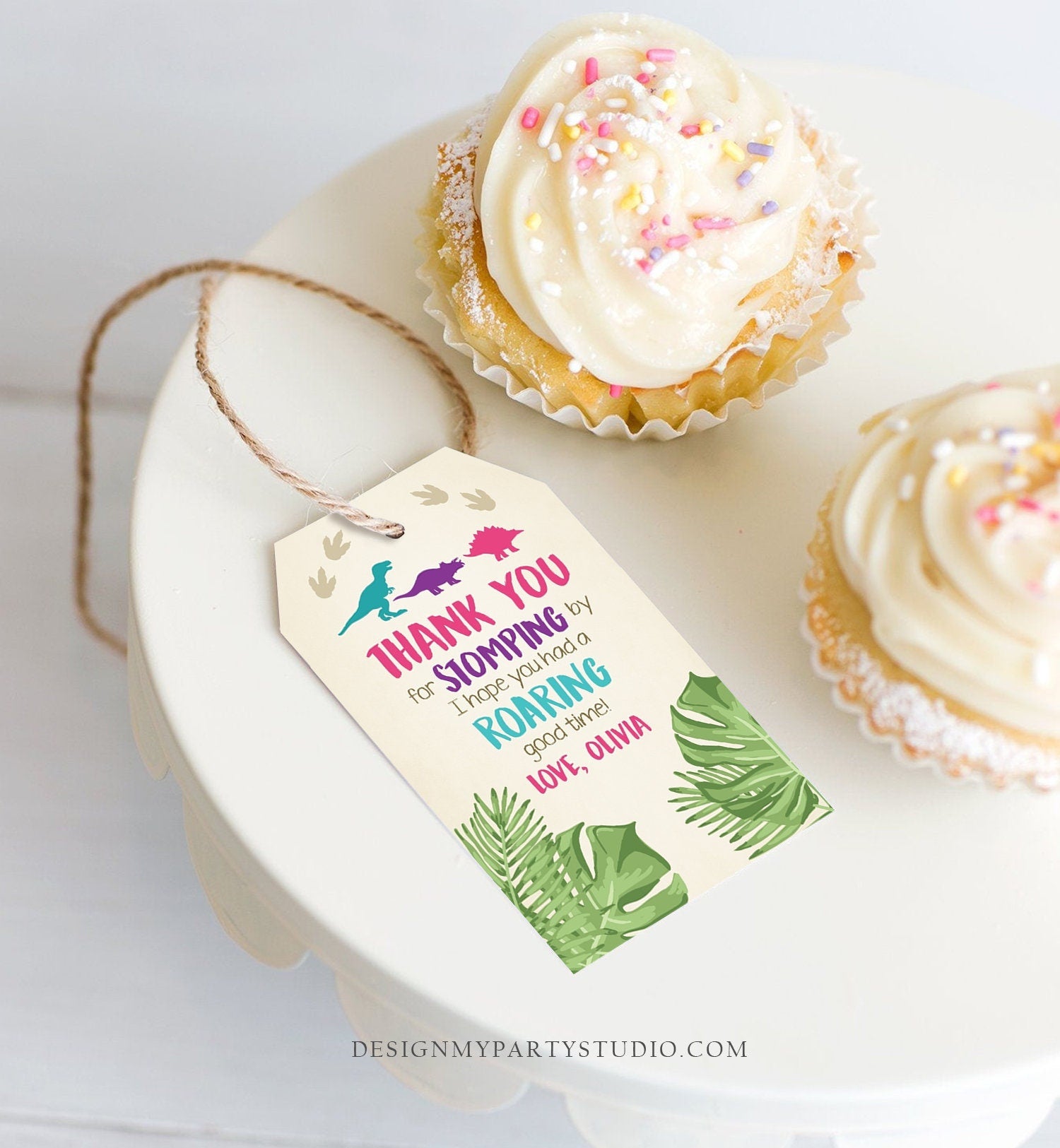 Editable Dinosaur Favor Tags Thank You For Stomping By Dino Pink Girl RAWR Roaring Instant Digital Download Template Corjl Printable 0043