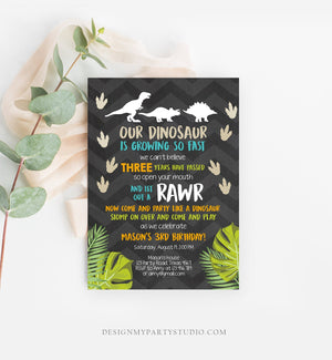 Editable Dinosaur Birthday Invitation Dino Dig Party Prehistoric Boy Chalk T-Rex Chevron Digital Download Printable Template Corjl 0043