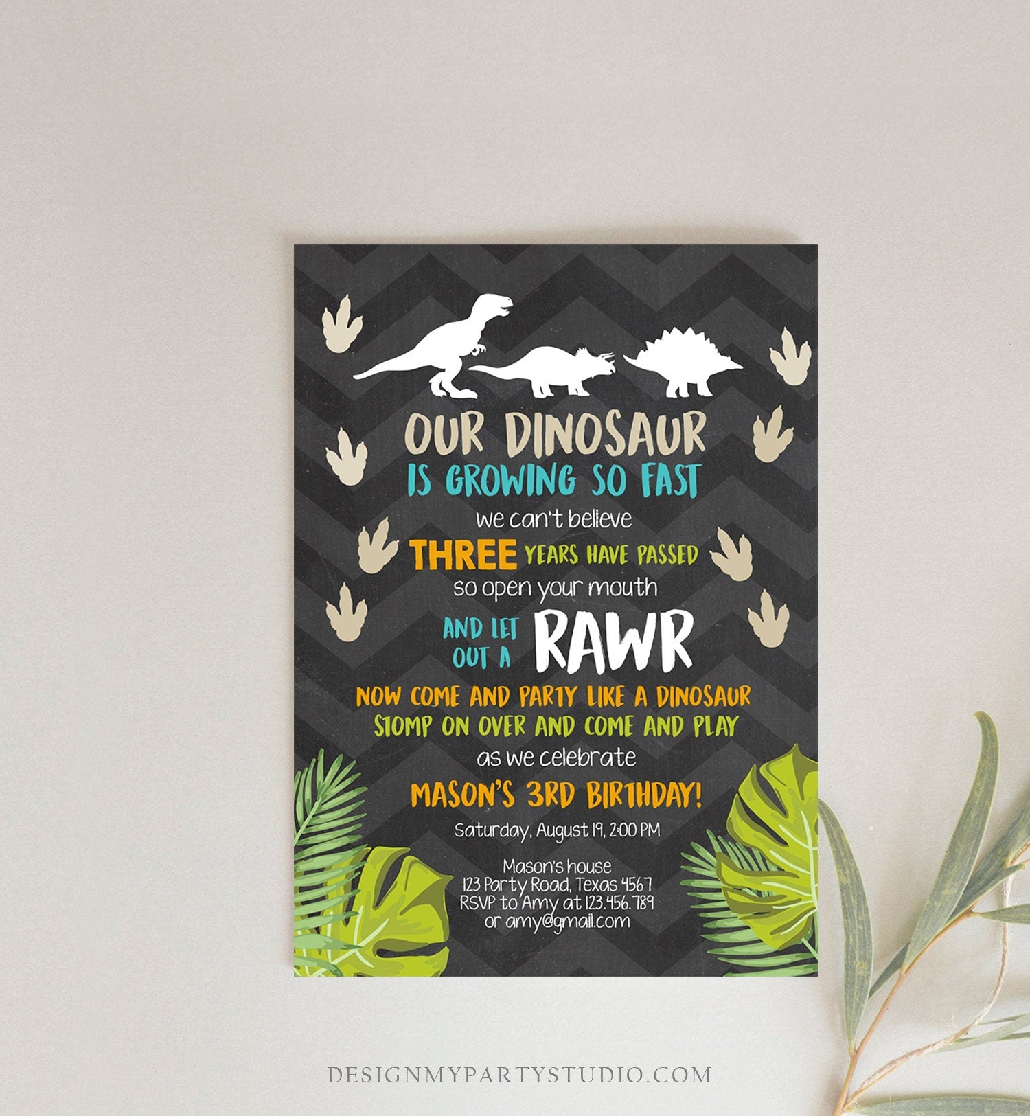 Editable Dinosaur Birthday Invitation Dino Dig Party Prehistoric Boy Chalk T-Rex Chevron Digital Download Printable Template Corjl 0043