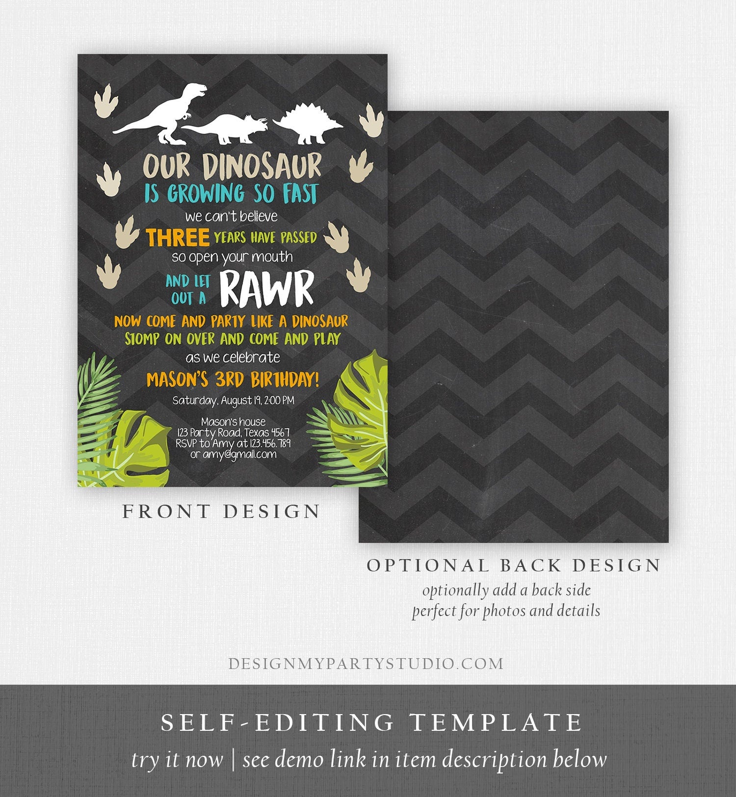 Editable Dinosaur Birthday Invitation Dino Dig Party Prehistoric Boy Chalk T-Rex Chevron Digital Download Printable Template Corjl 0043