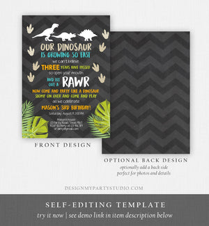 Editable Dinosaur Birthday Invitation Dino Dig Party Prehistoric Boy Chalk T-Rex Chevron Digital Download Printable Template Corjl 0043