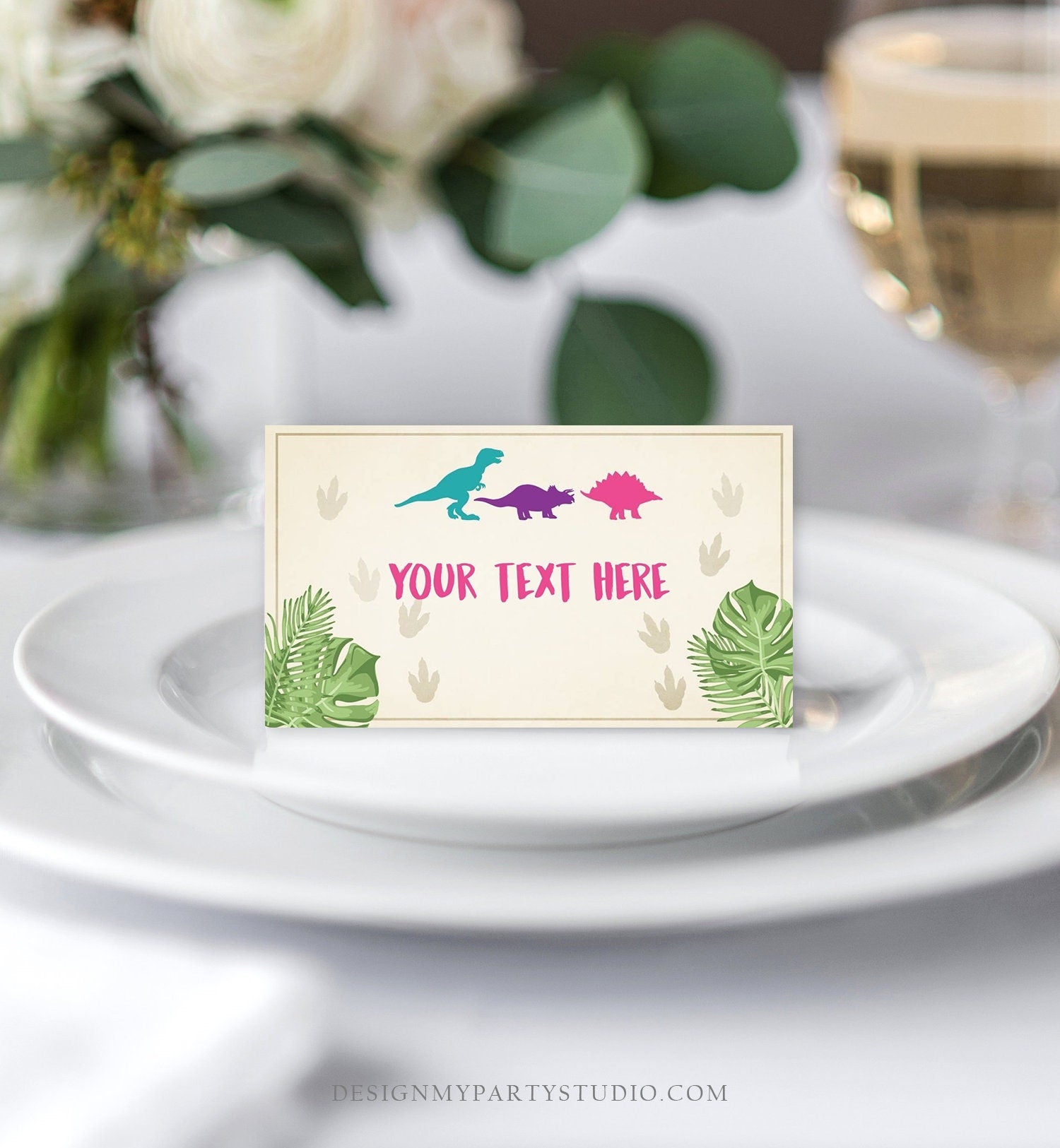 Editable Dinosaur Food Labels Dinosaur Party Place Card Tent Card Escort Card Dino Birthday Girl Pink T-Rex Prehistoric Template Corjl 0043