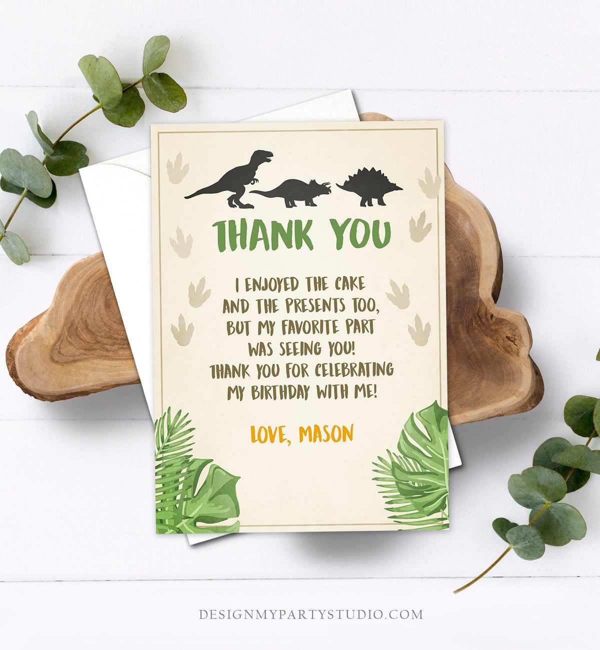 Editable Dinosaur Thank You Card Boy Prehistoric Dino Dig Party T-Rex Note Foot Prints Chalk Digital Download Printable Template Corjl 0043