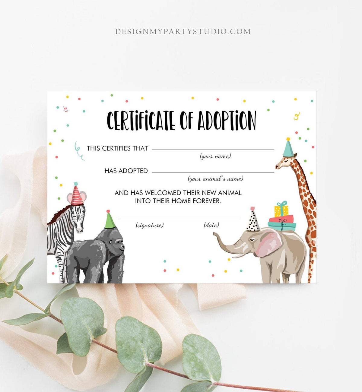 Adopt an Animal Adoption Certificate Safari Adoption Wild One Birthday Party Animals Birthday Instant Download Digital PRINTABLE 0142