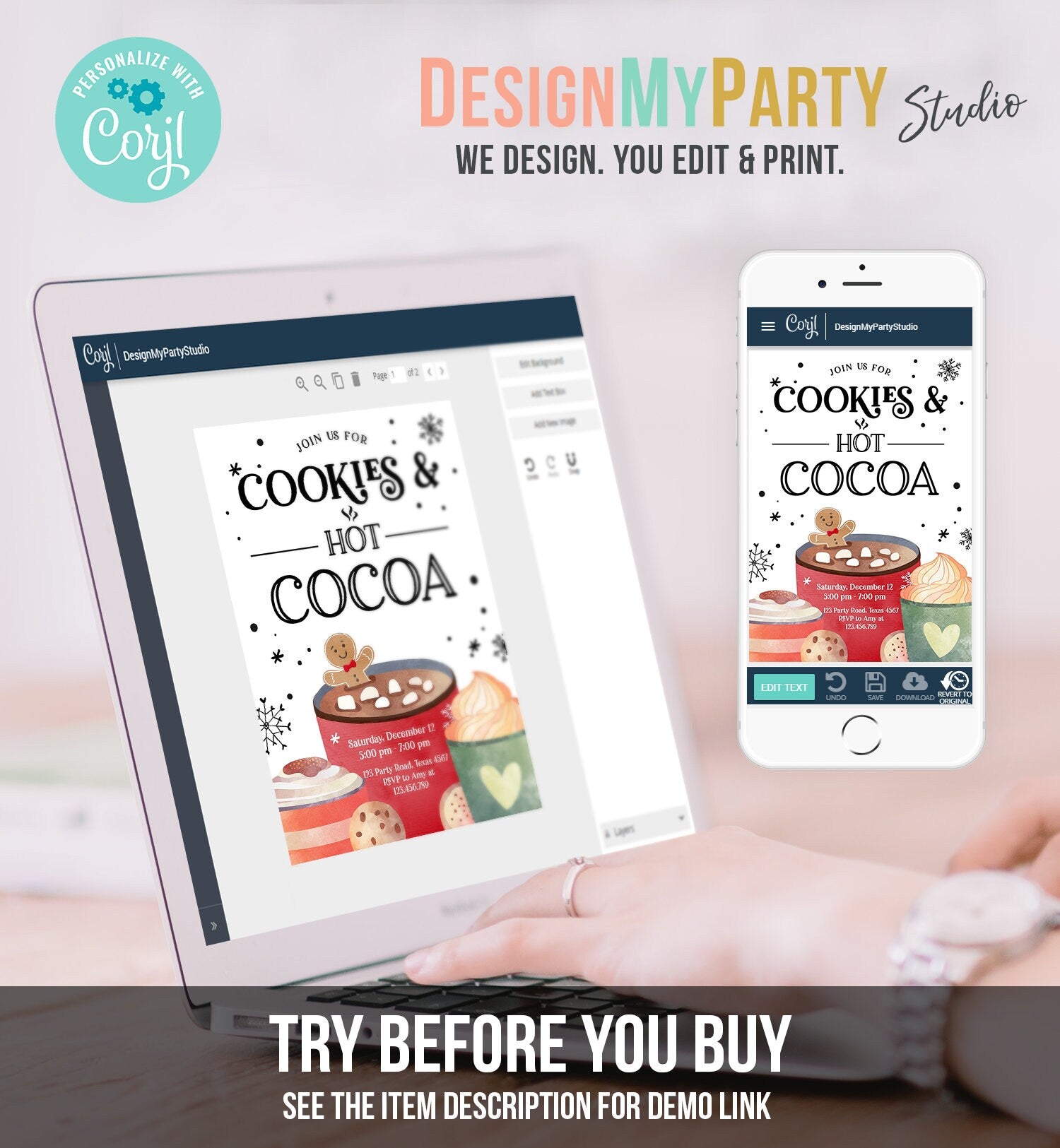 Editable Cookies and Cocoa Invitation Hot Cocoa Party Invite Hot Chocolate Christmas Birthday Cocoa Download Printable Template Corjl 0262