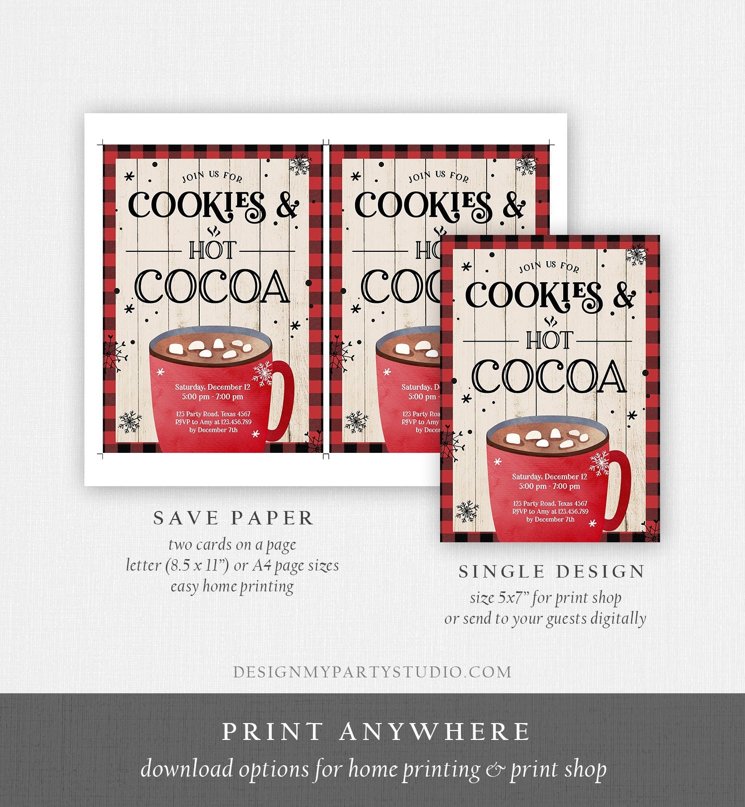 Editable Cookies and Cocoa Invitation Hot Cocoa Party Invite Hot Chocolate Birthday Lumberjack Plaid Download Printable Template Corjl 0262