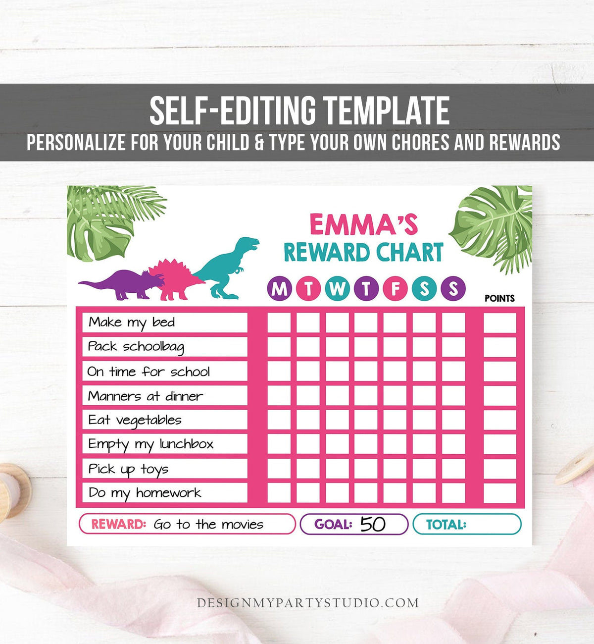 Editable Dinosaur Reward Chart for Girls Printable Dino Chore Chart for Kids Chores T-Rex Pink Routine Chart Printable Template Corjl 0043