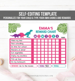 Editable Dinosaur Reward Chart for Girls Printable Dino Chore Chart for Kids Chores T-Rex Pink Routine Chart Printable Template Corjl 0043