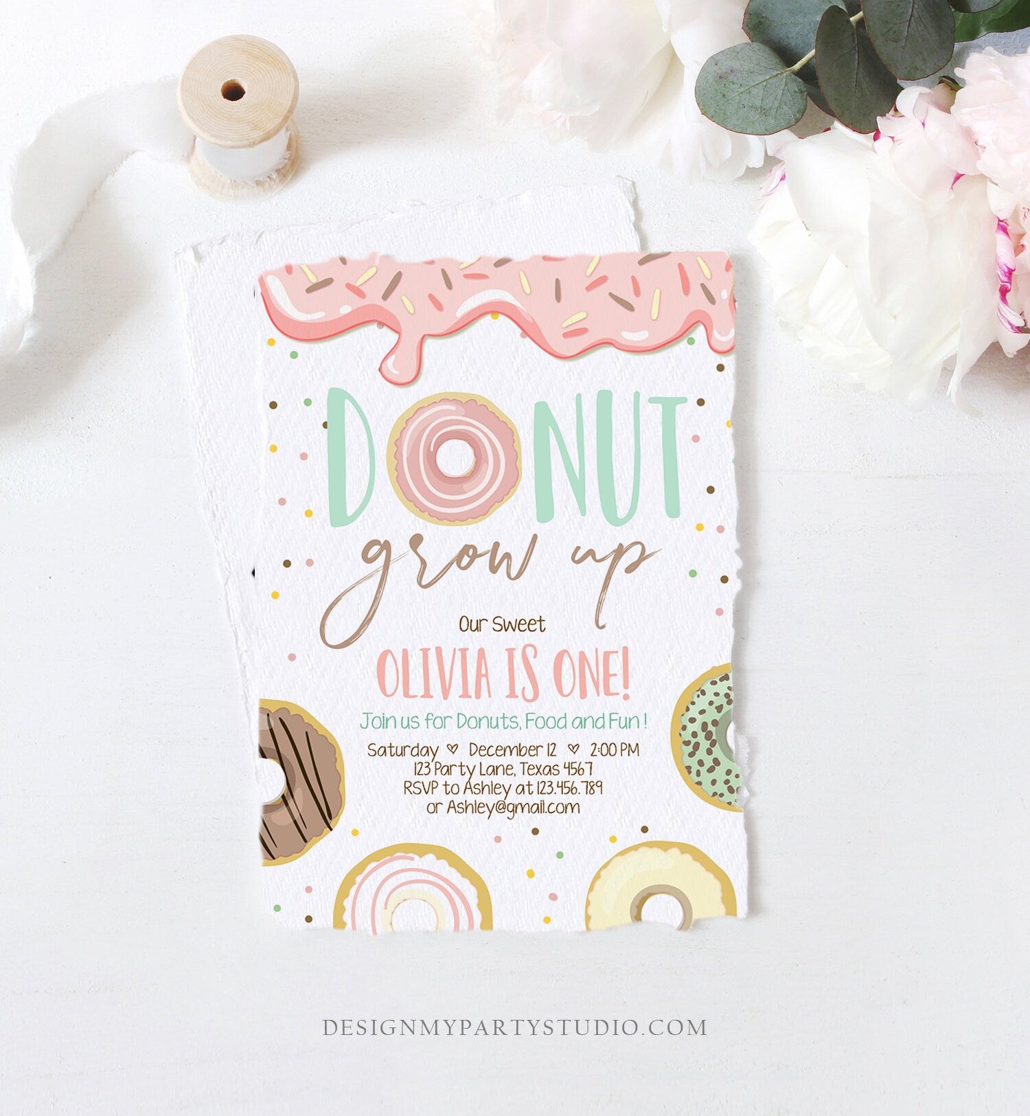 Editable Donut Grow Up Birthday Invitation First Birthday Party Pink Girl Doughnut Sweet Digital Download Printable Template Corjl 0320