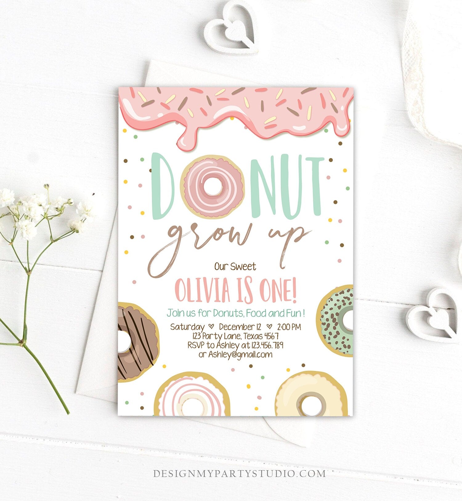 Editable Donut Grow Up Birthday Invitation First Birthday Party Pink Girl Doughnut Sweet Digital Download Printable Template Corjl 0320