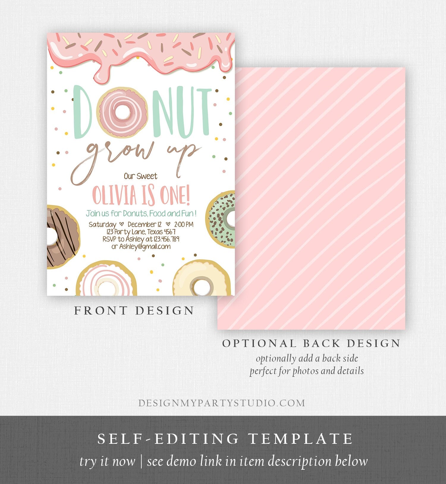 Editable Donut Grow Up Birthday Invitation First Birthday Party Pink Girl Doughnut Sweet Digital Download Printable Template Corjl 0320