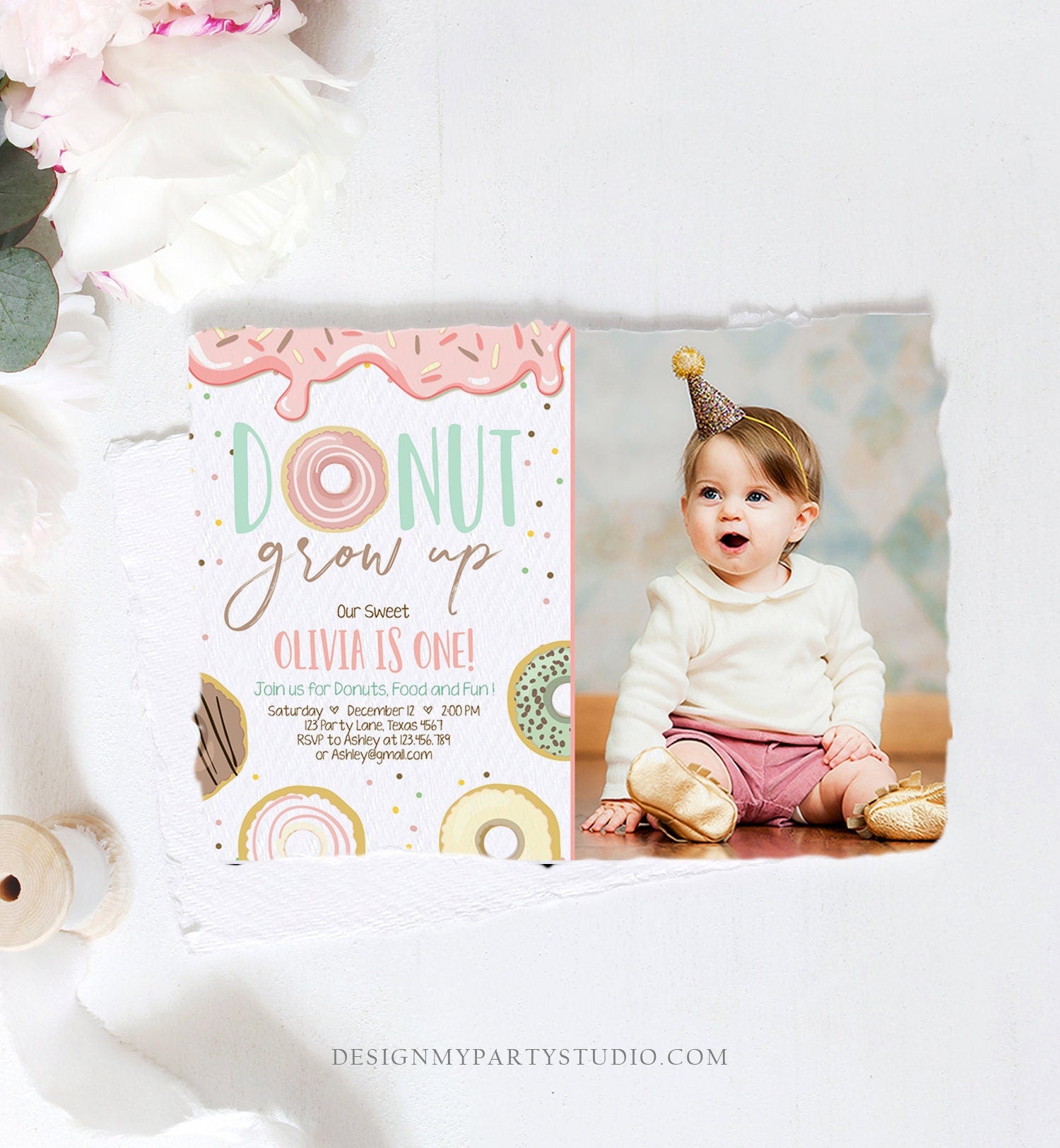 Editable Donut Grow Up Birthday Invitation First Birthday Party Pink Girl Doughnut Sweet Digital Download Corjl Template Printable 0320