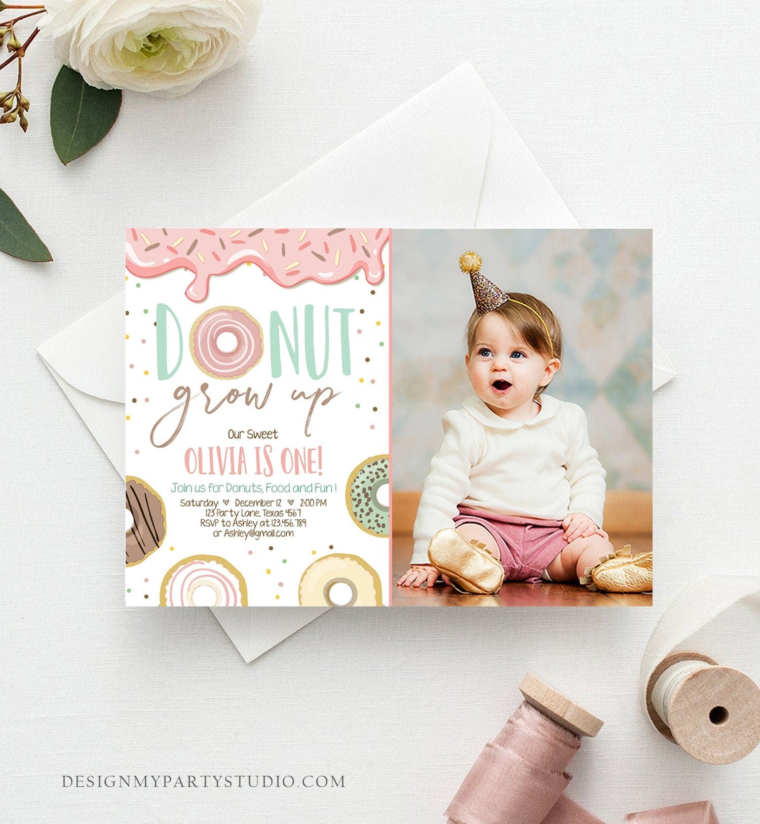 Editable Donut Grow Up Birthday Invitation First Birthday Party Pink Girl Doughnut Sweet Digital Download Corjl Template Printable 0320