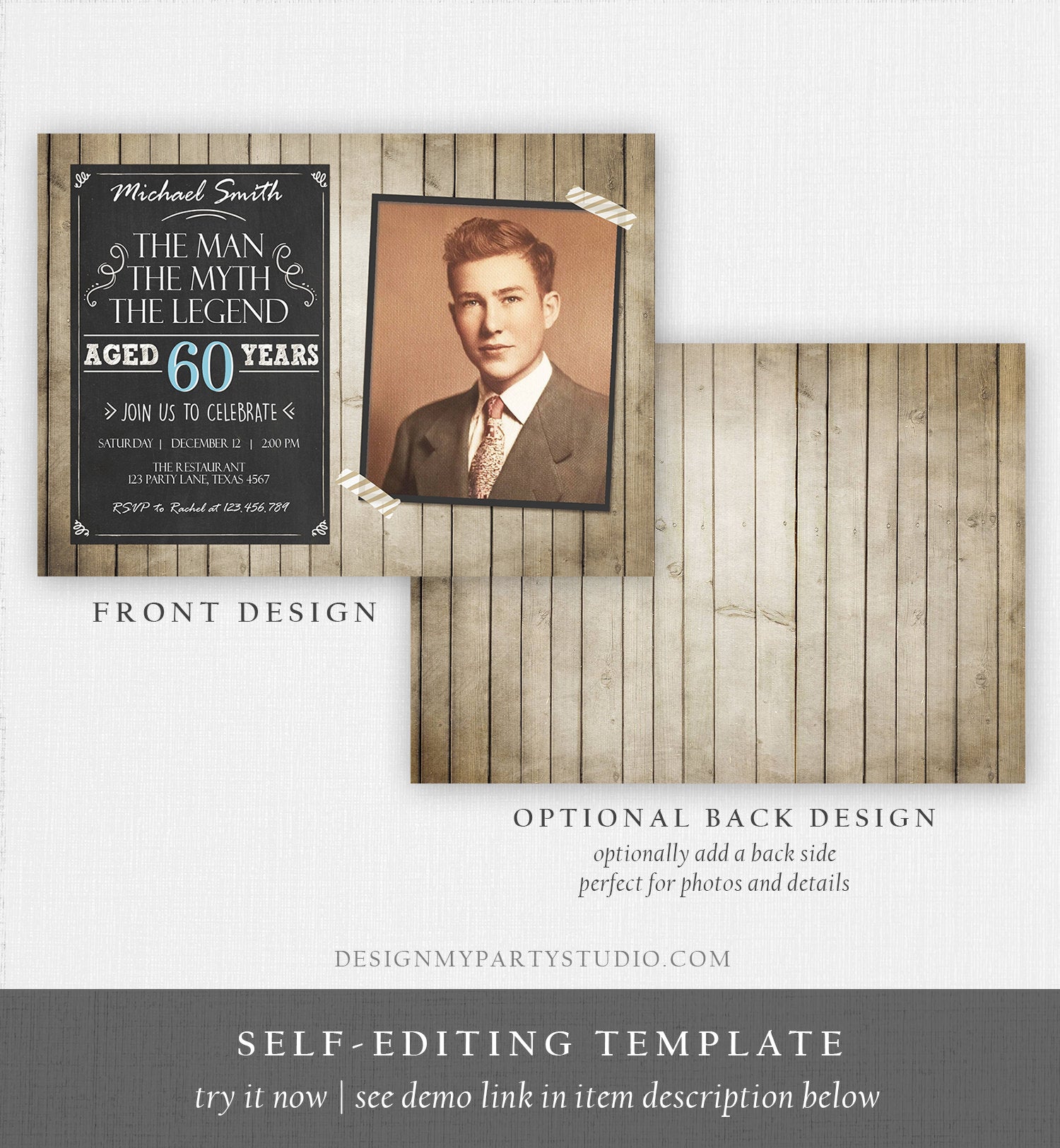 Editable The Man The Myth The Legend Birthday Invitation Man Men Adult Birthday Wood Rustic Chalk Download Printable Invite Corjl 0101