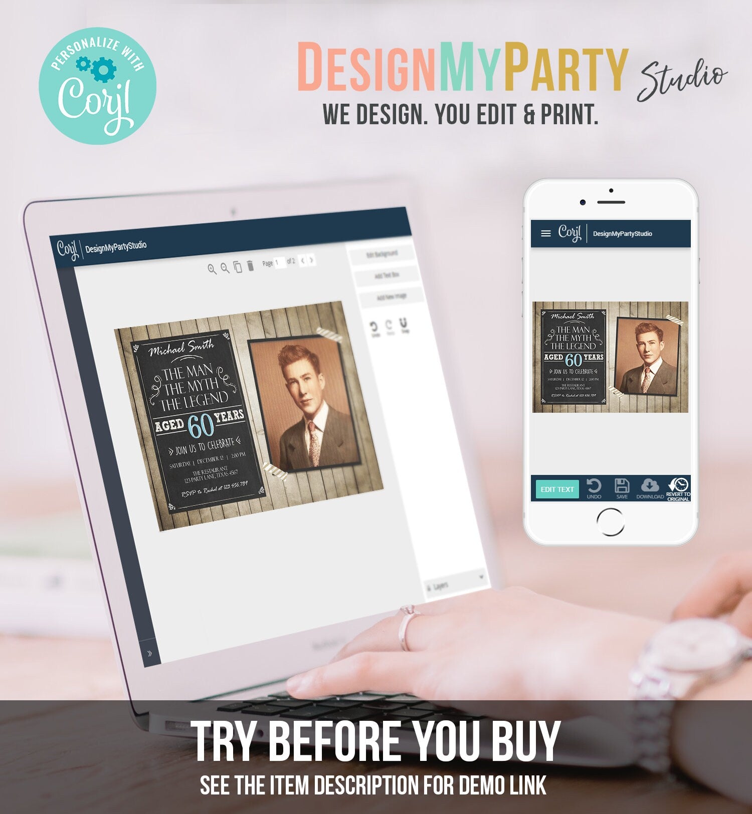 Editable The Man The Myth The Legend Birthday Invitation Man Men Adult Birthday Wood Rustic Chalk Download Printable Invite Corjl 0101