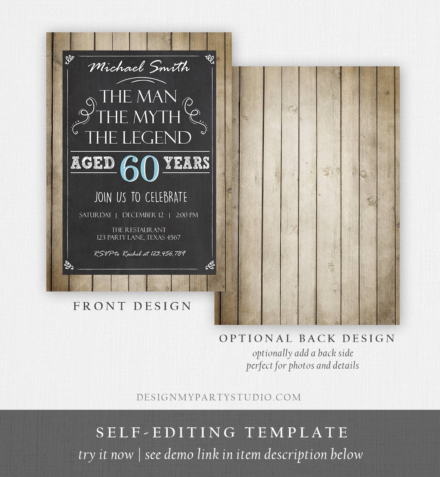 Editable The Man The Myth The Legend Birthday Invitation Man Men Adult Birthday Wood Rustic Chalk Download Evite Template Printable 0101