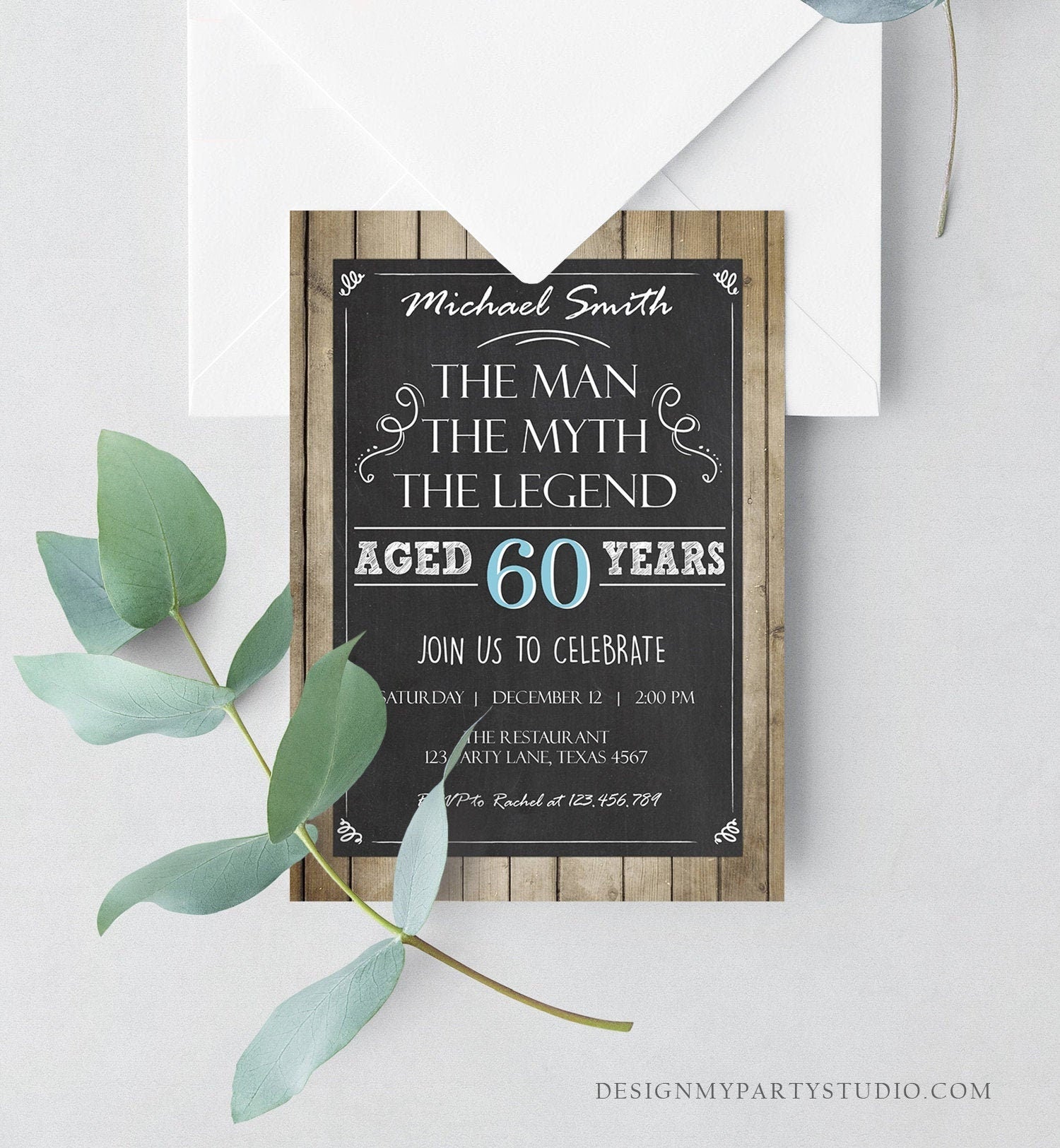 Editable The Man The Myth The Legend Birthday Invitation Man Men Adult Birthday Wood Rustic Chalk Download Evite Template Printable 0101