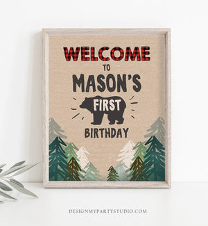 Editable Lumberjack Welcome Sign Lumberjack Birthday Sign Buffalo Plaid 1st Birthday Bear Wild One Trees Template Printable Corjl 0026