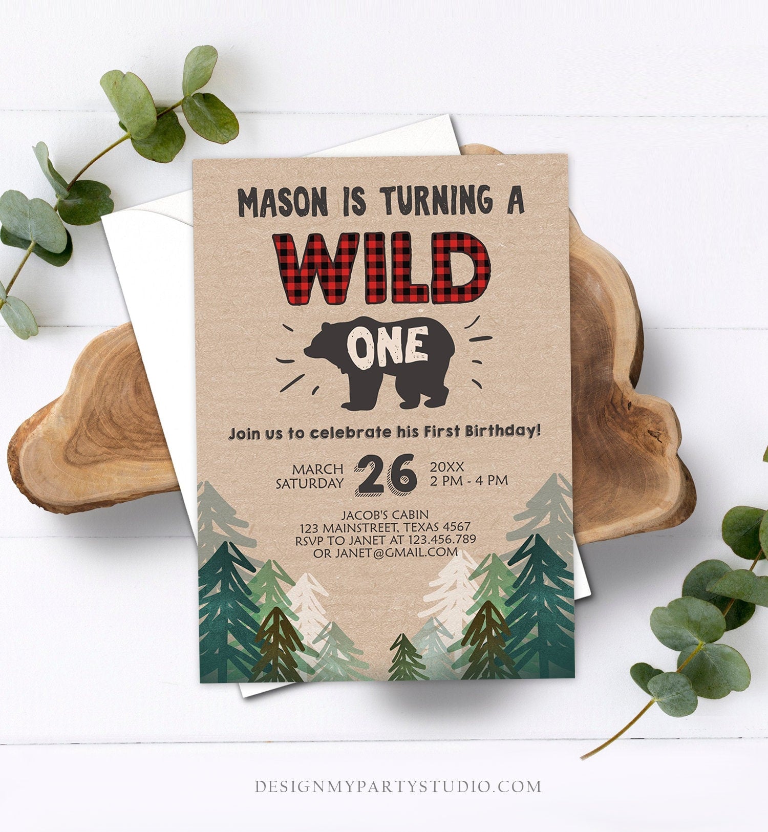 Editable Wild One Birthday Invitation Lumberjack First Birthday Trees Red Black Plaid Outdoor Bear Download Printable Template Corjl 0026