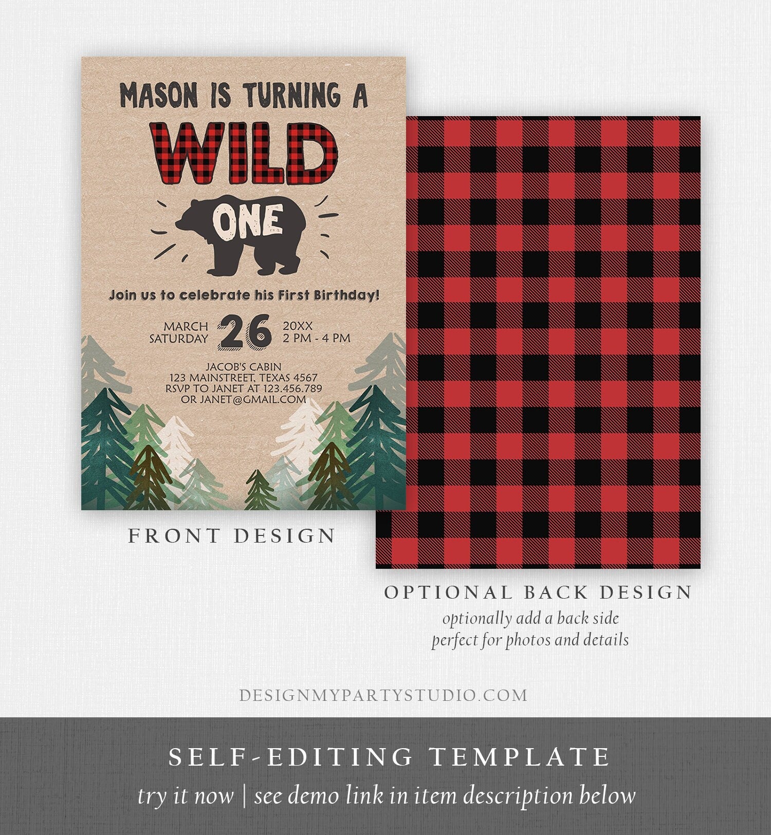 Editable Wild One Birthday Invitation Lumberjack First Birthday Trees Red Black Plaid Outdoor Bear Download Printable Template Corjl 0026