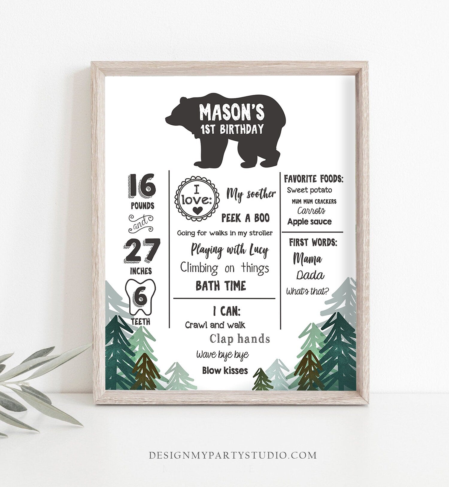 Editable Lumberjack Birthday Milestones Sign Pine Tree Stat Poster Infographic Woodland 1st Birthday Bear Template Printable Corjl 0377