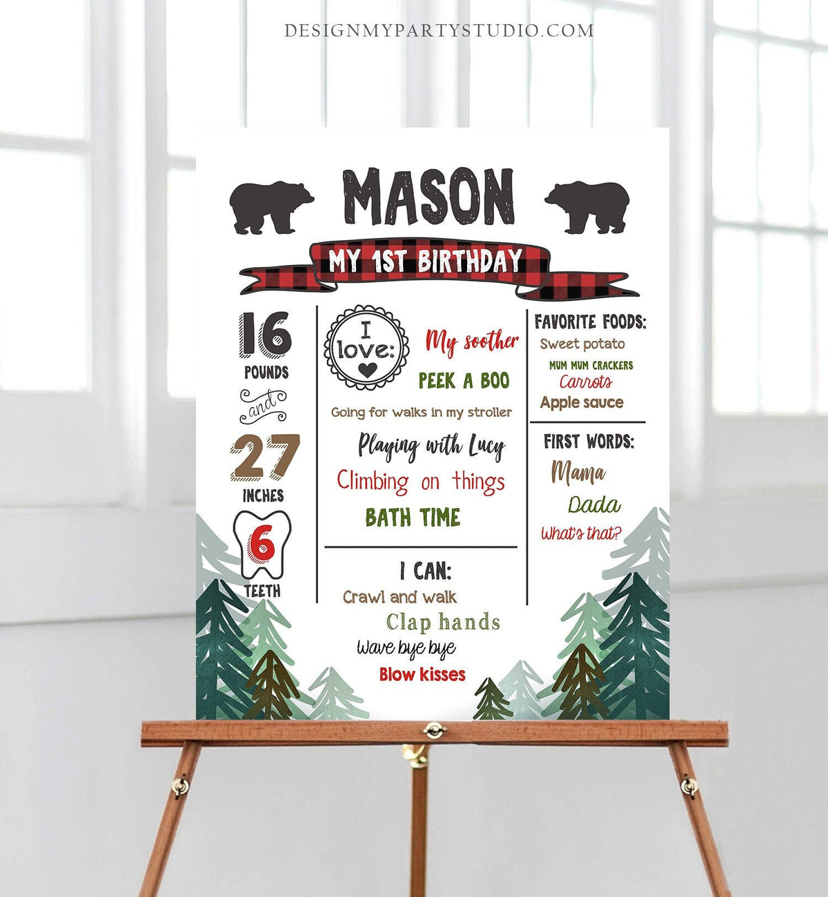 Editable Lumberjack Birthday Milestones Sign Pine Tree Stat Poster Infographic Woodland 1st Birthday Bear Template Printable Corjl 0377