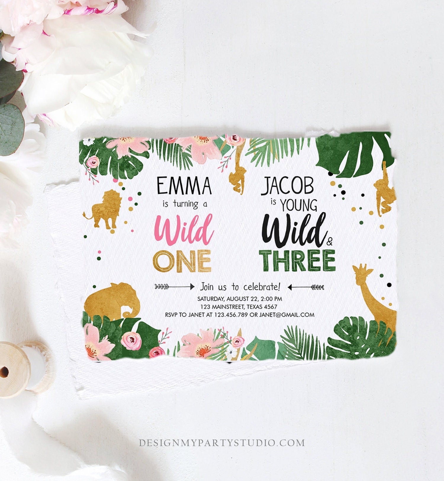 Editable Wild One Birthday Invitation Wild and Three Boy Girl Safari Animals Jungle Gold Joint Dual Download Printable Corjl Template 0016