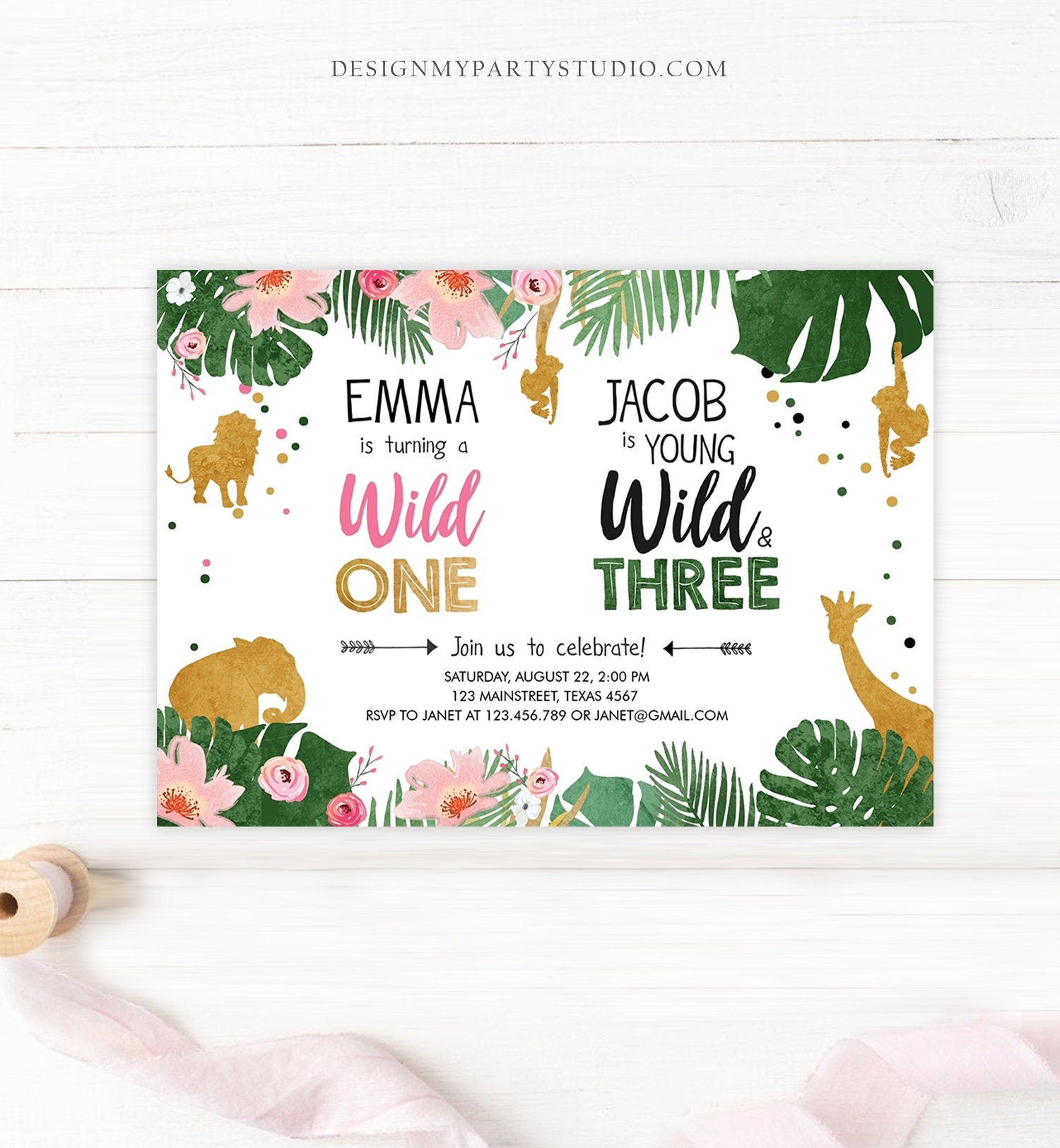 Editable Wild One Birthday Invitation Wild and Three Boy Girl Safari Animals Jungle Gold Joint Dual Download Printable Corjl Template 0016