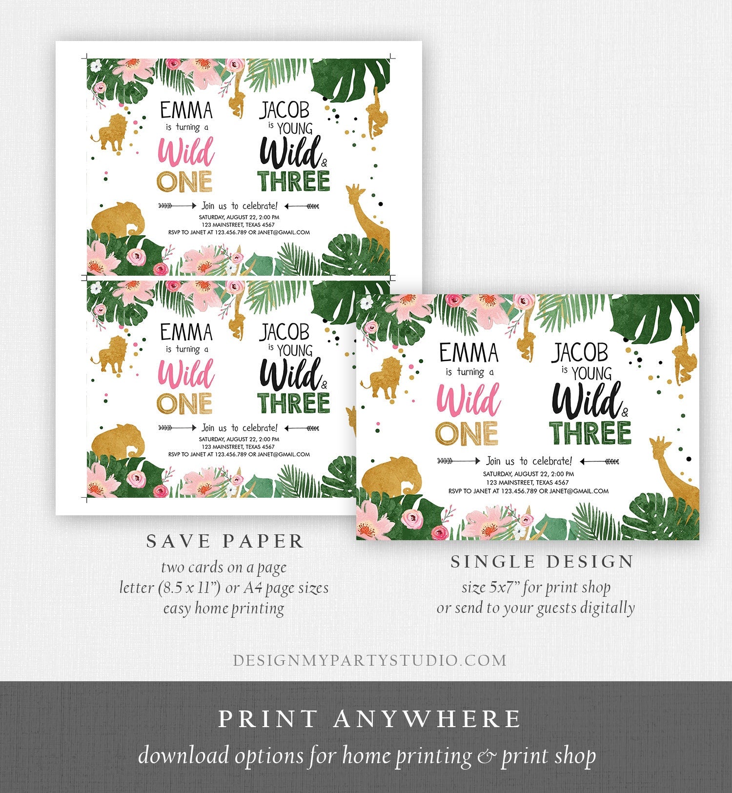 Editable Wild One Birthday Invitation Wild and Three Boy Girl Safari Animals Jungle Gold Joint Dual Download Printable Corjl Template 0016