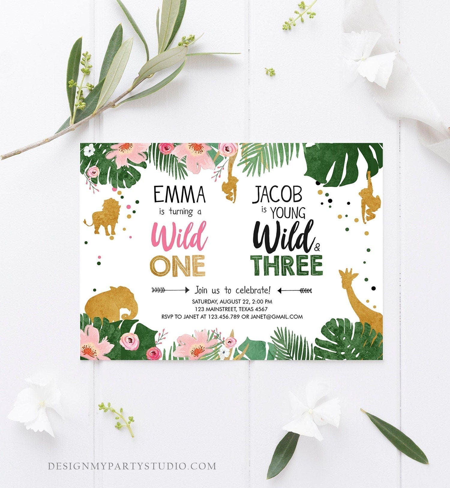 Editable Wild One Birthday Invitation Wild and Three Boy Girl Safari Animals Jungle Gold Joint Dual Download Printable Corjl Template 0016