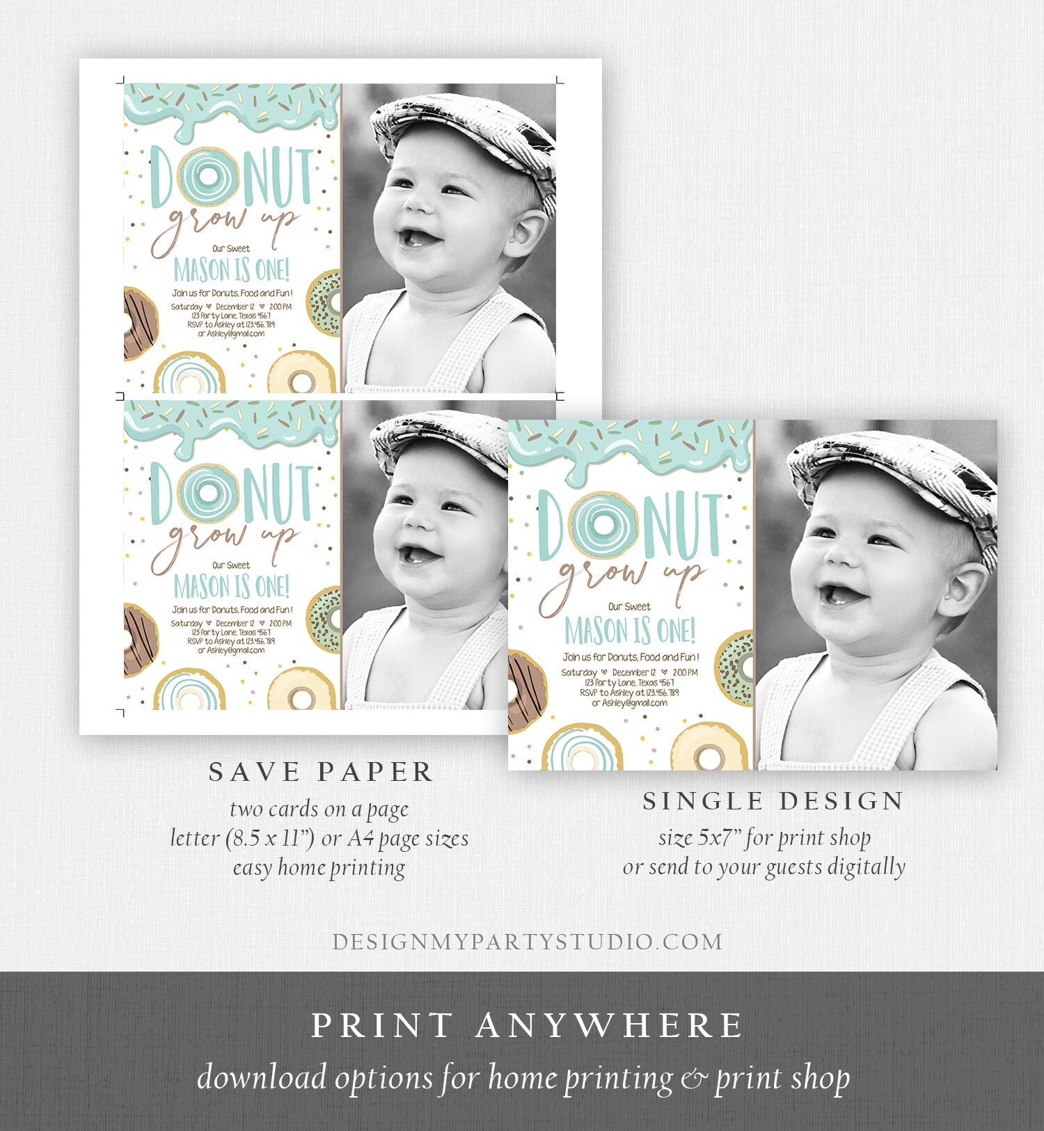 Editable Donut Grow Up Birthday Invitation First Birthday Party Blue Boy Doughnut 1st Pastel Photo Download Printable Template Corjl 0320