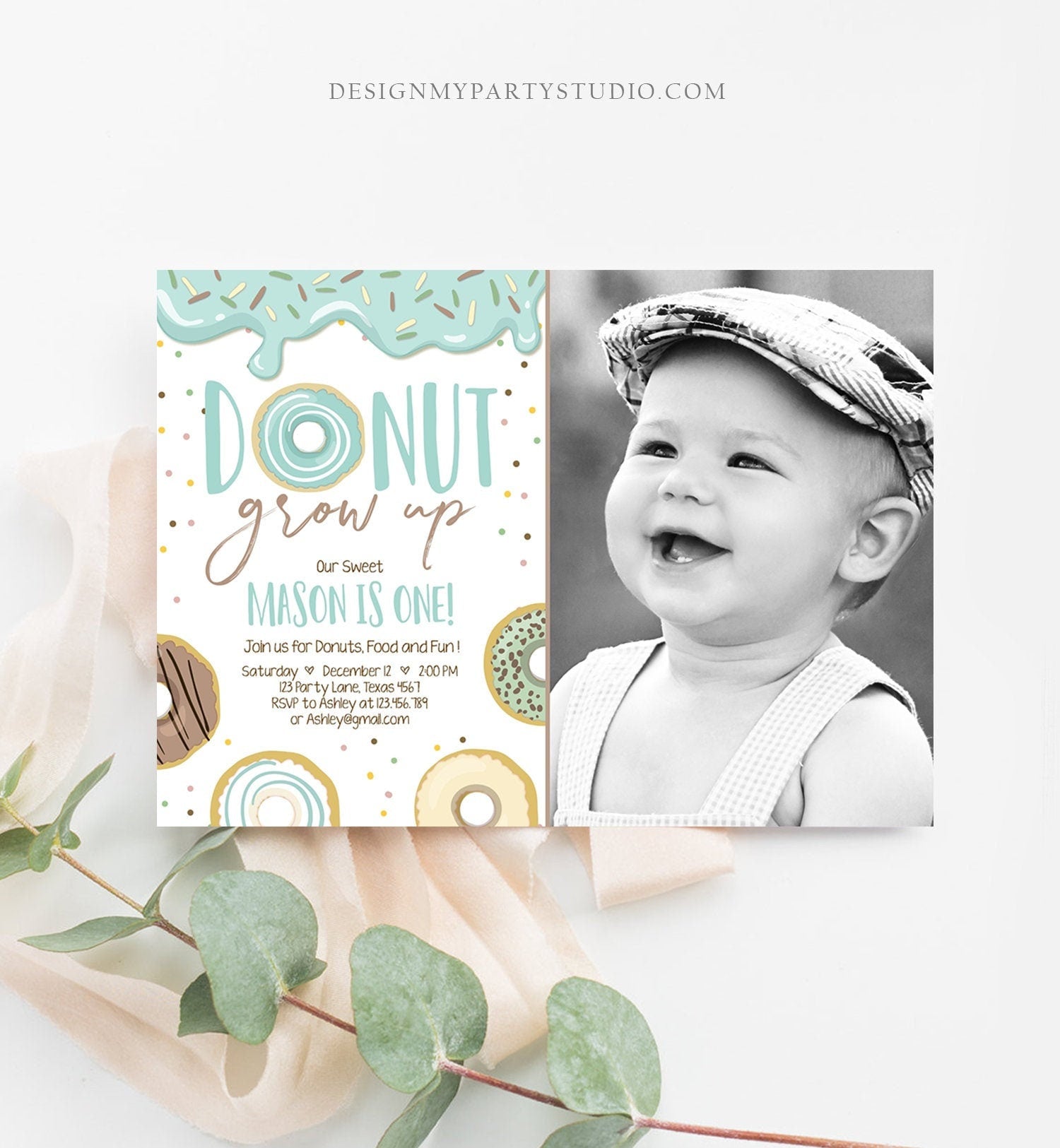 Editable Donut Grow Up Birthday Invitation First Birthday Party Blue Boy Doughnut 1st Pastel Photo Download Printable Template Corjl 0320