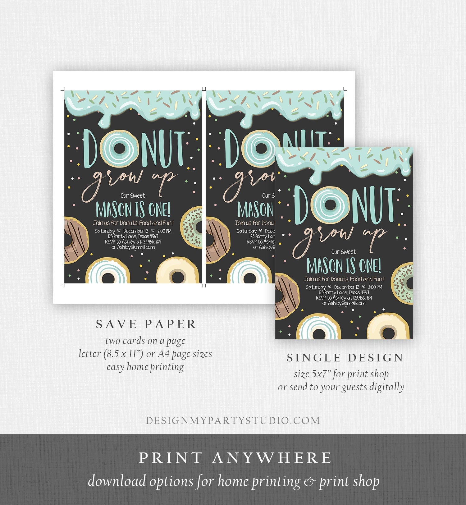 Editable Donut Grow Up Birthday Invitation First Birthday Party Blue Boy Doughnut 1st Pastel Chalk Download Corjl Template Printable 0320