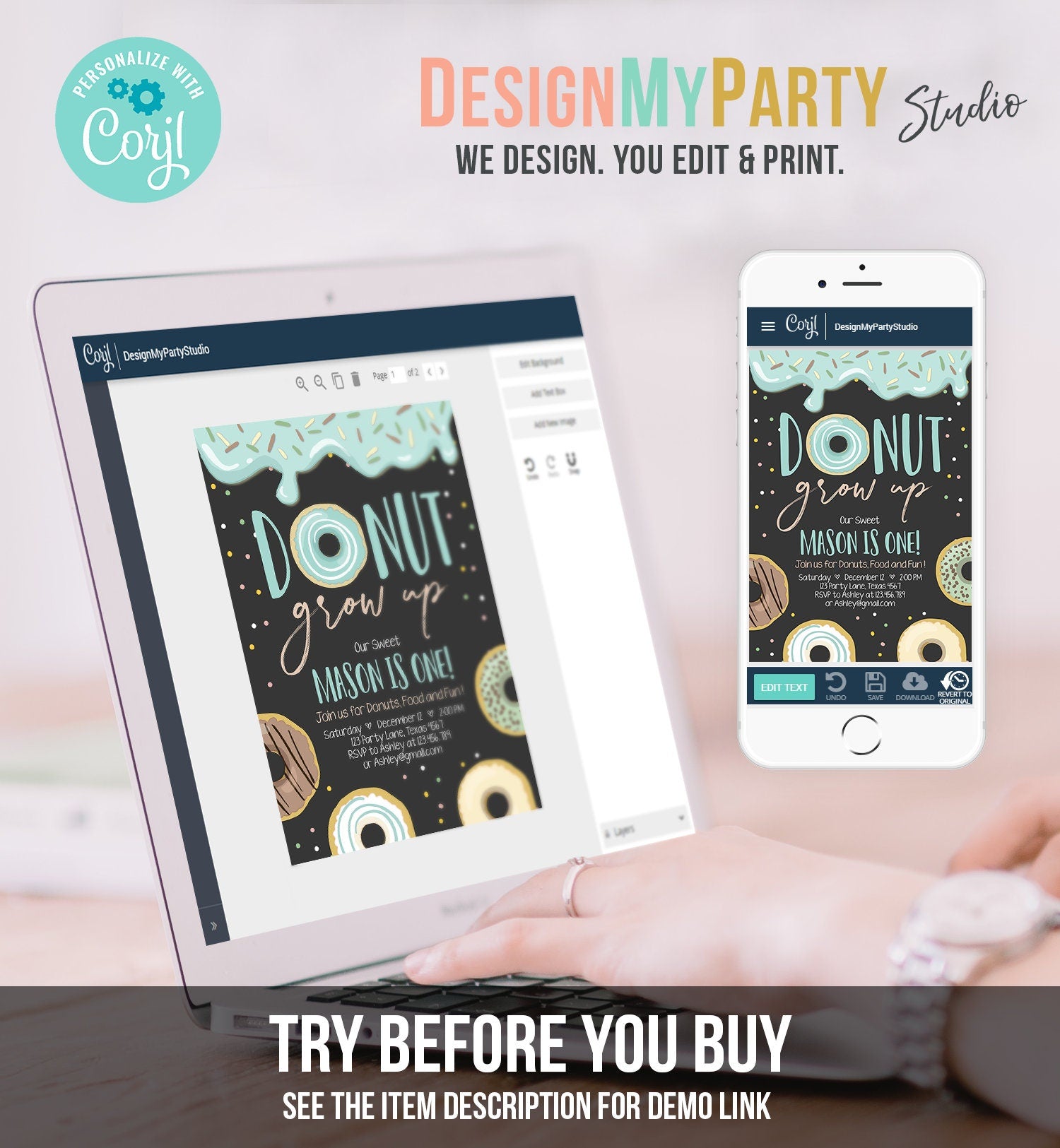 Editable Donut Grow Up Birthday Invitation First Birthday Party Blue Boy Doughnut 1st Pastel Chalk Download Corjl Template Printable 0320