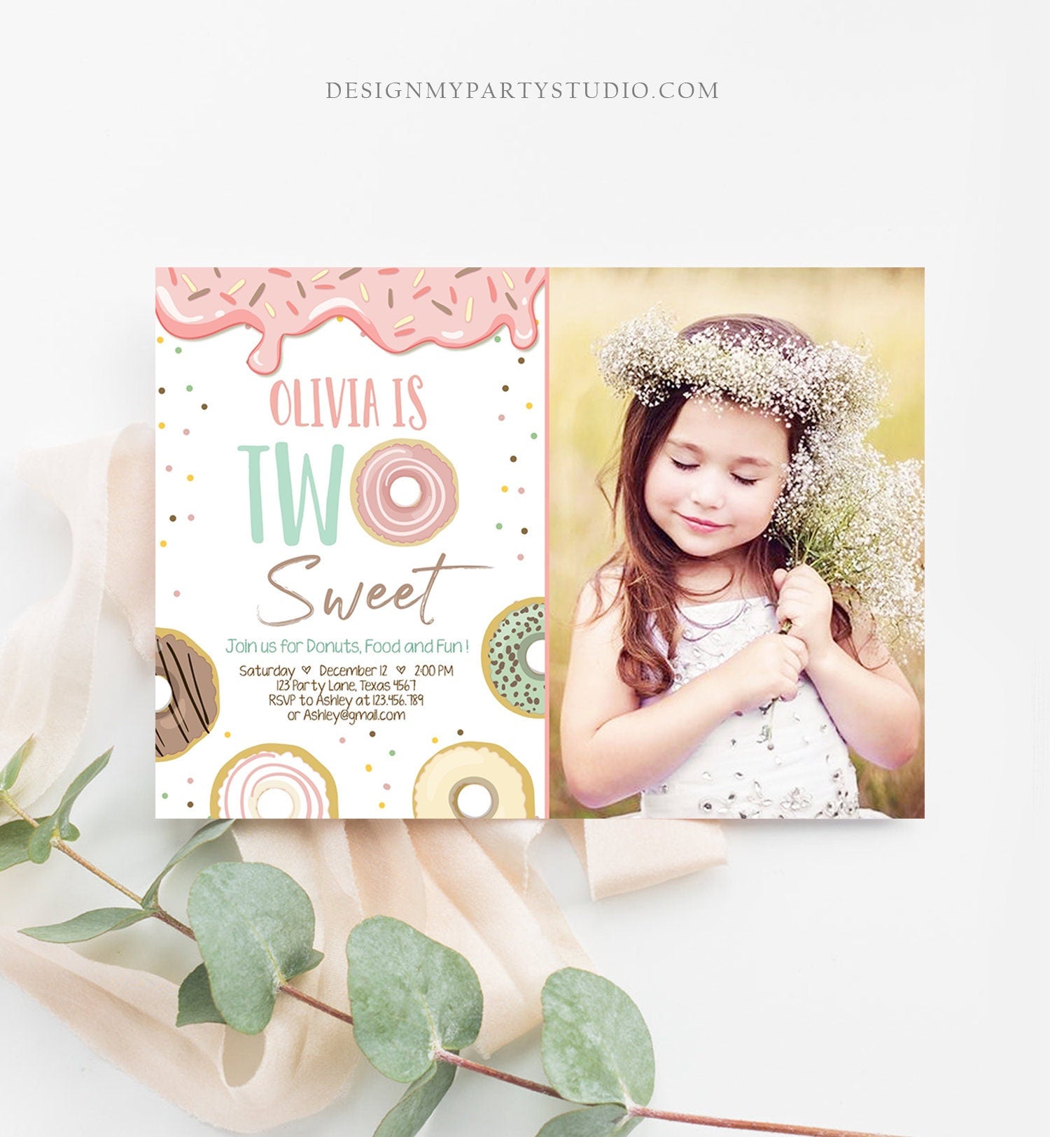 Editable Two Sweet Donut Birthday Invitation 2nd Birthday Girl Doughnut Second Birthday Photo Printable Download Template Corjl Digital 0320