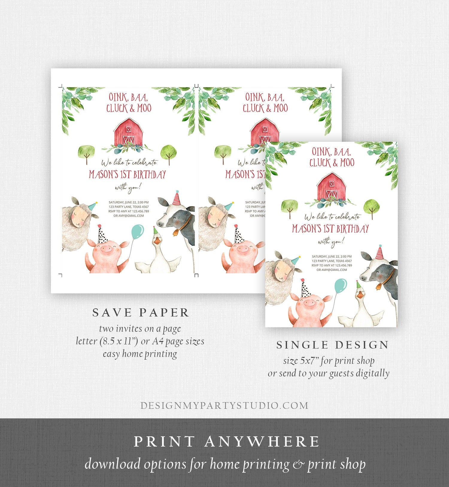 Editable Farm Animals Birthday Invitation Boy Party Animals Red Barn Barnyard Party Evite Digital Download Corjl Template Printable 0155