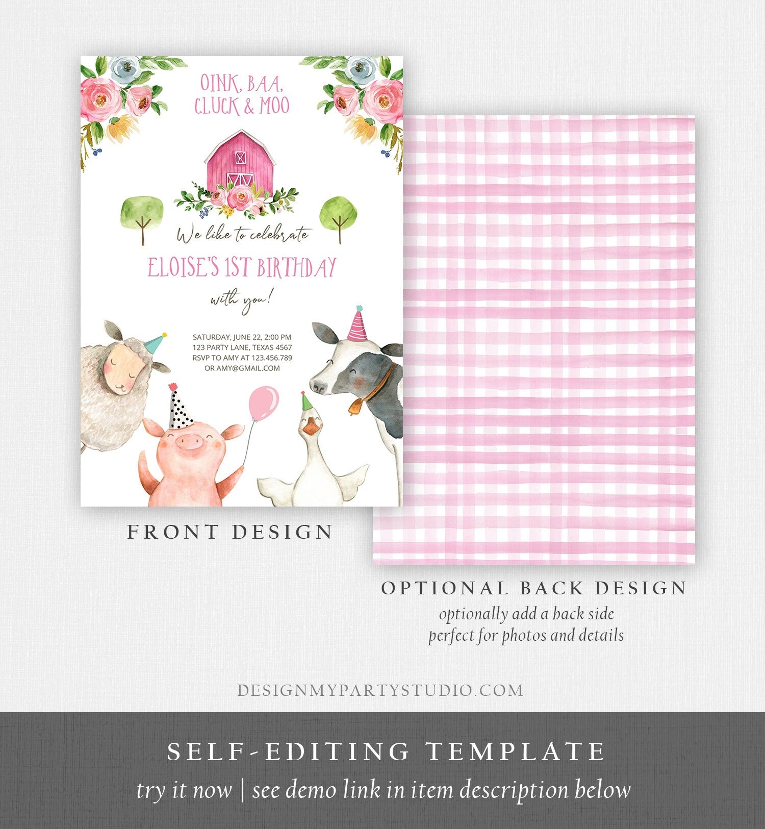 Editable Farm Birthday Invitation Girl Farm Animals Pink Floral Barnyard Party Download Printable Invitation Template Digital Corjl 0155