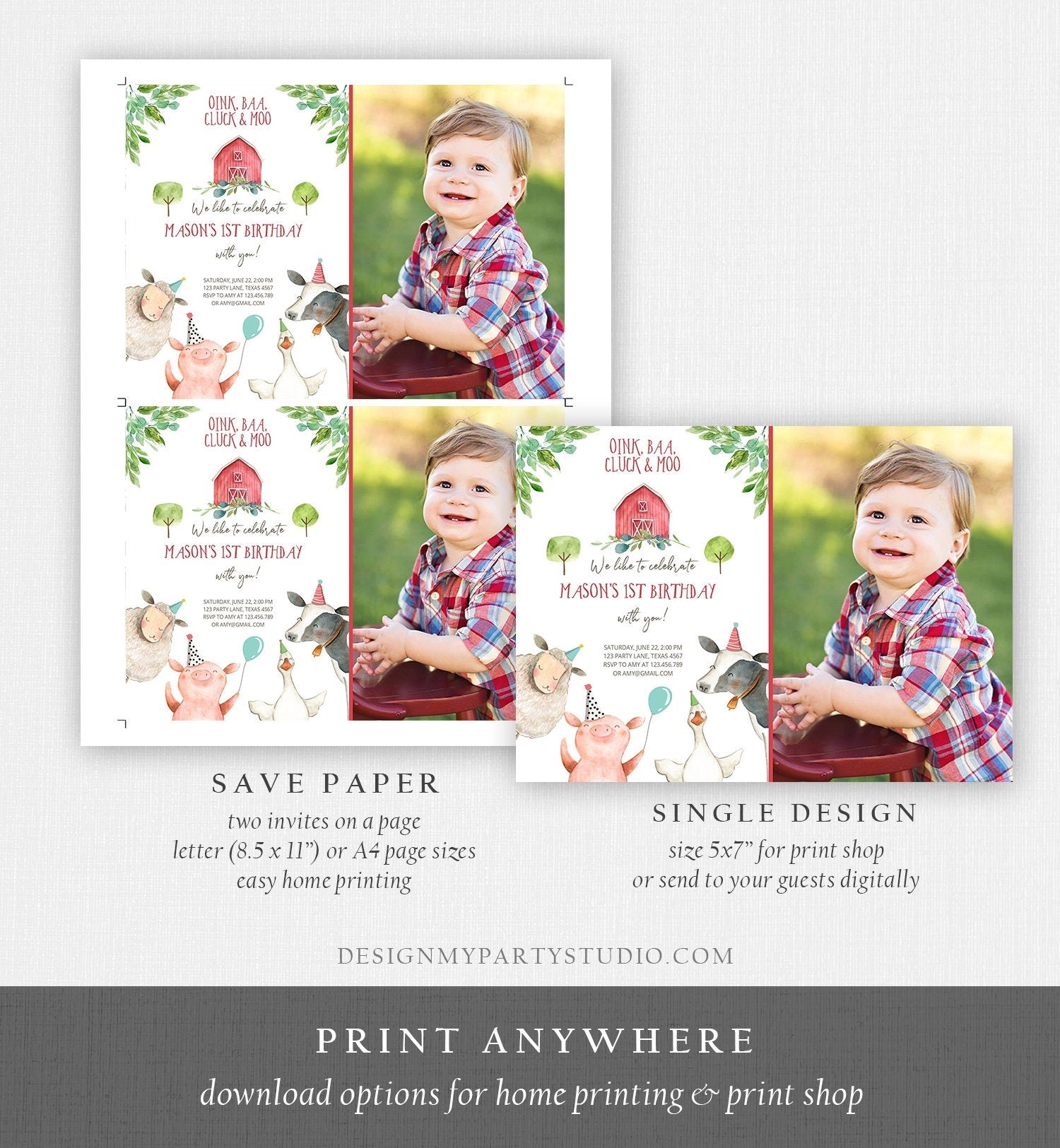 Editable Farm Birthday Invitation Boy Farm Animals Boy Barnyard Birthday Party Download Printable Invitation Template Digital Corjl 0155