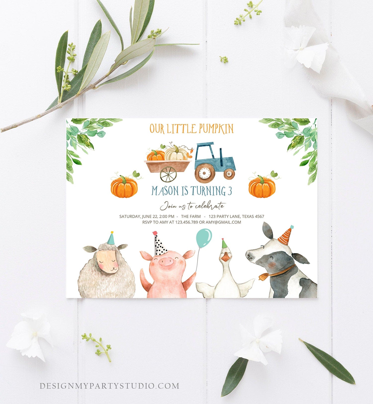 Editable Farm Birthday Invitation Pumpkin Boy Farm Animals Boy Barnyard Fall Birthday Download Printable Invitation Template Digital 0155