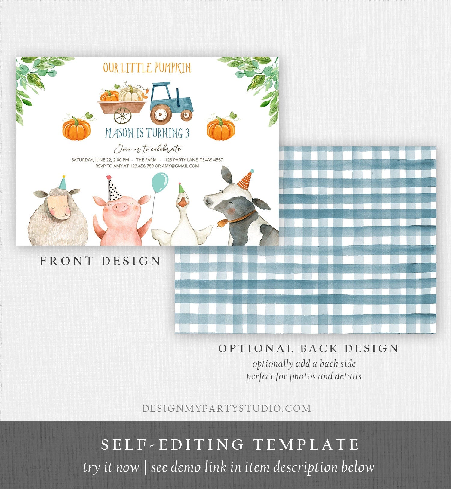 Editable Farm Birthday Invitation Pumpkin Boy Farm Animals Boy Barnyard Fall Birthday Download Printable Invitation Template Digital 0155