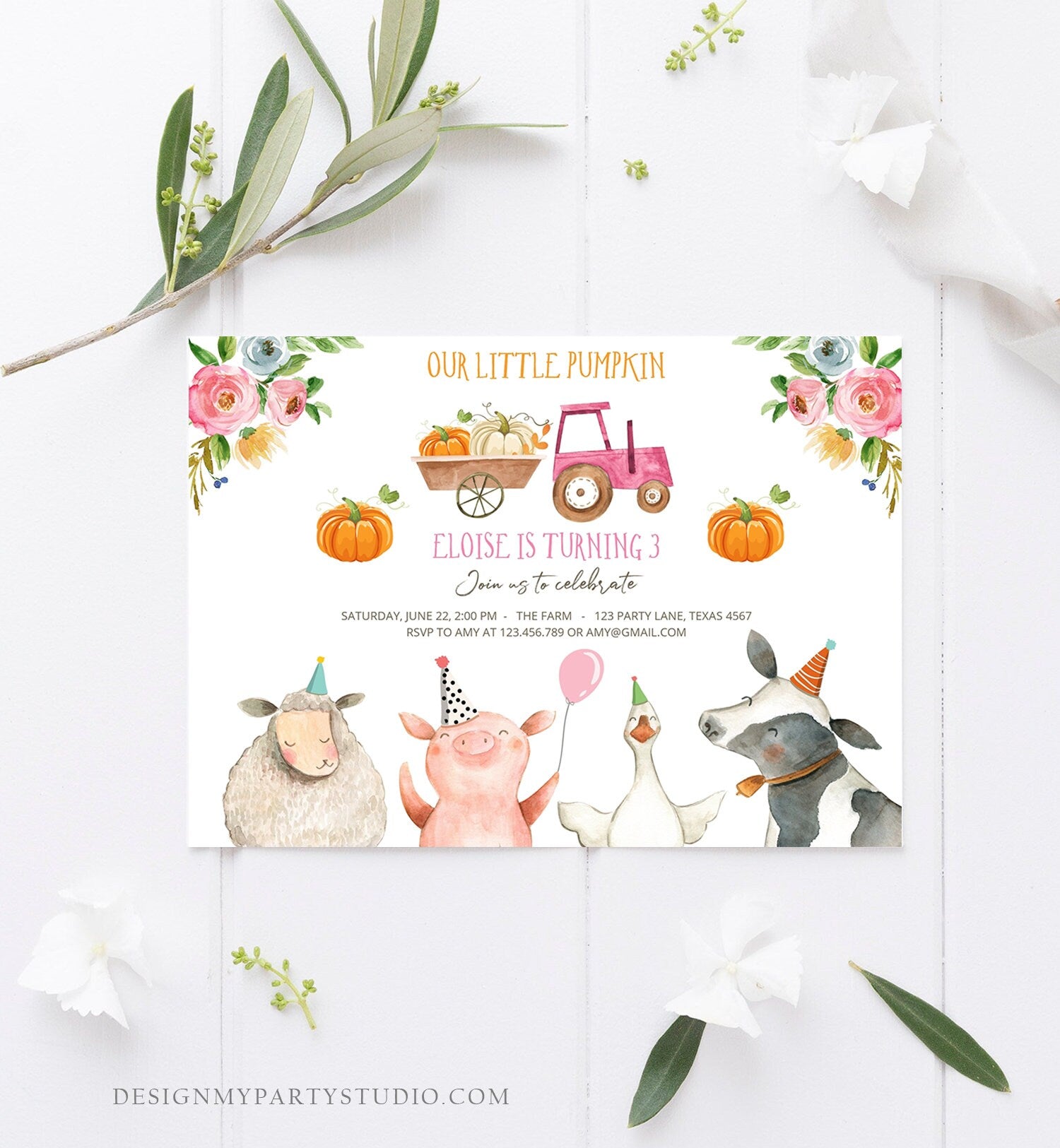 Editable Farm Birthday Invitation Pumpkin Girl Farm Animals Pink Barnyard Fall Birthday Digital Download Evite Template Printable 0155