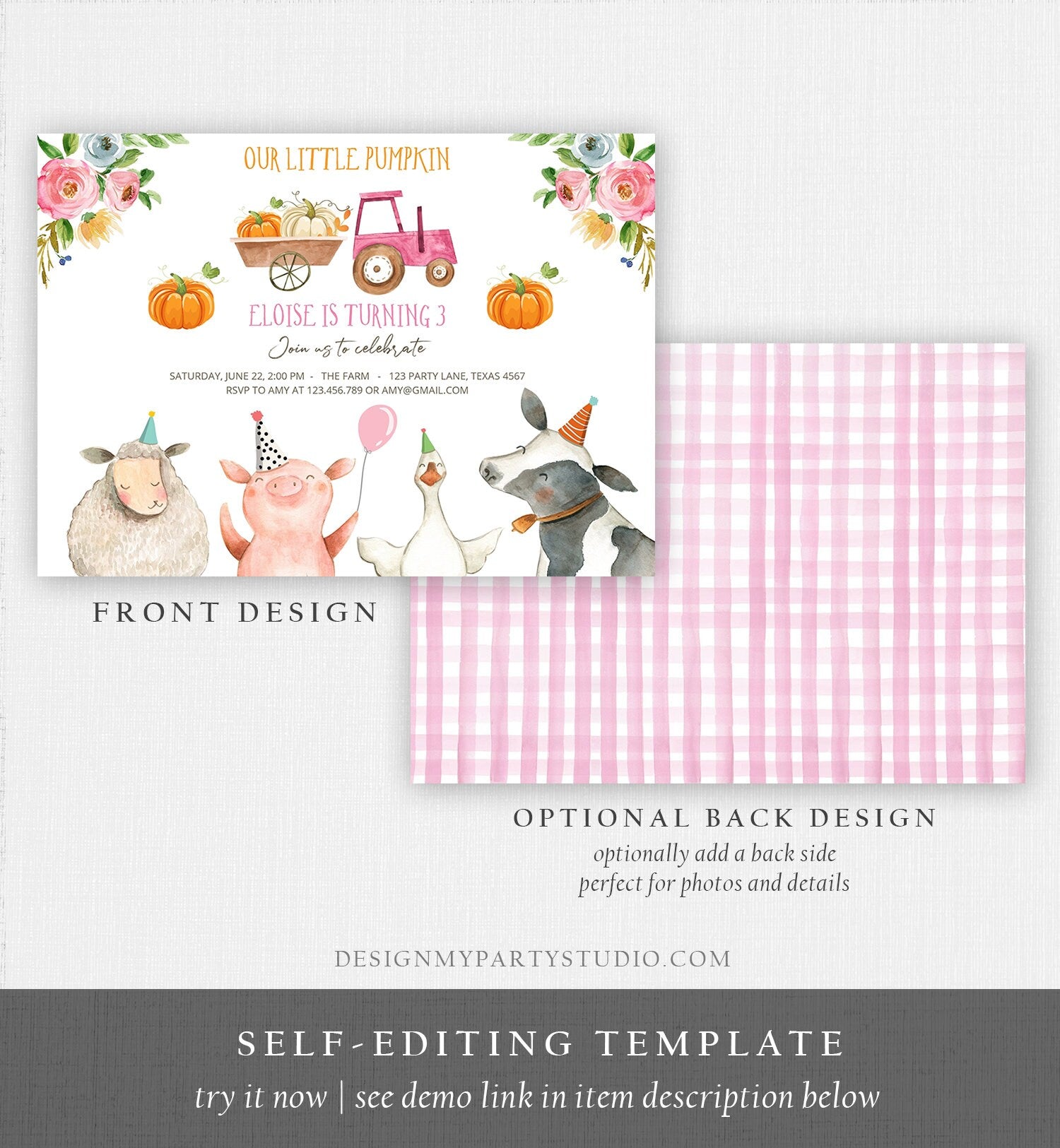 Editable Farm Birthday Invitation Pumpkin Girl Farm Animals Pink Barnyard Fall Birthday Digital Download Evite Template Printable 0155