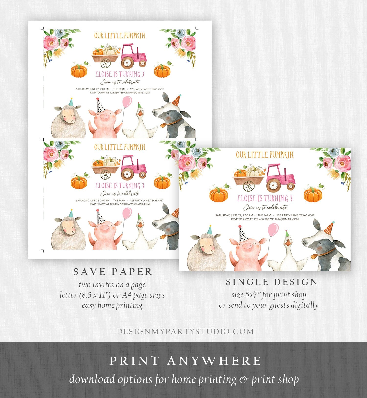 Editable Farm Birthday Invitation Pumpkin Girl Farm Animals Pink Barnyard Fall Birthday Digital Download Evite Template Printable 0155