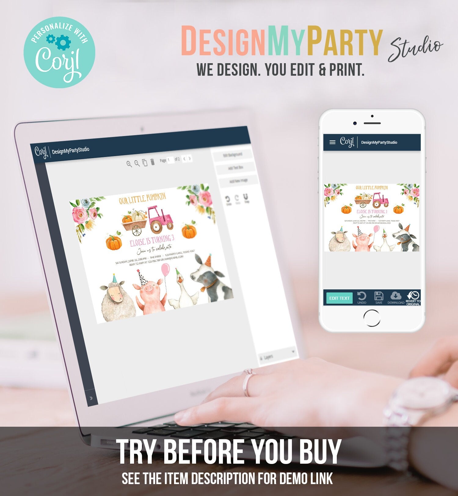 Editable Farm Birthday Invitation Pumpkin Girl Farm Animals Pink Barnyard Fall Birthday Digital Download Evite Template Printable 0155